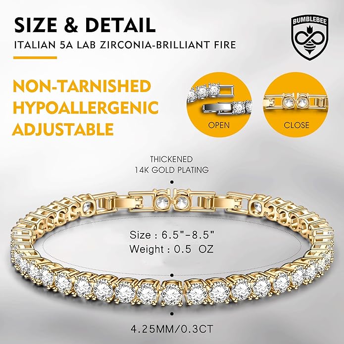 BUMBLEBEE Handmade Tennis Bracelet for Women, 14K Gold Plated, 12.96 CTTW Italian 5A Cubic Zirconia, Hypoallergenic, Adjustable 6–7.5 Inch Jewelry Gift Anniversary, Birthday, Valentine’s Day