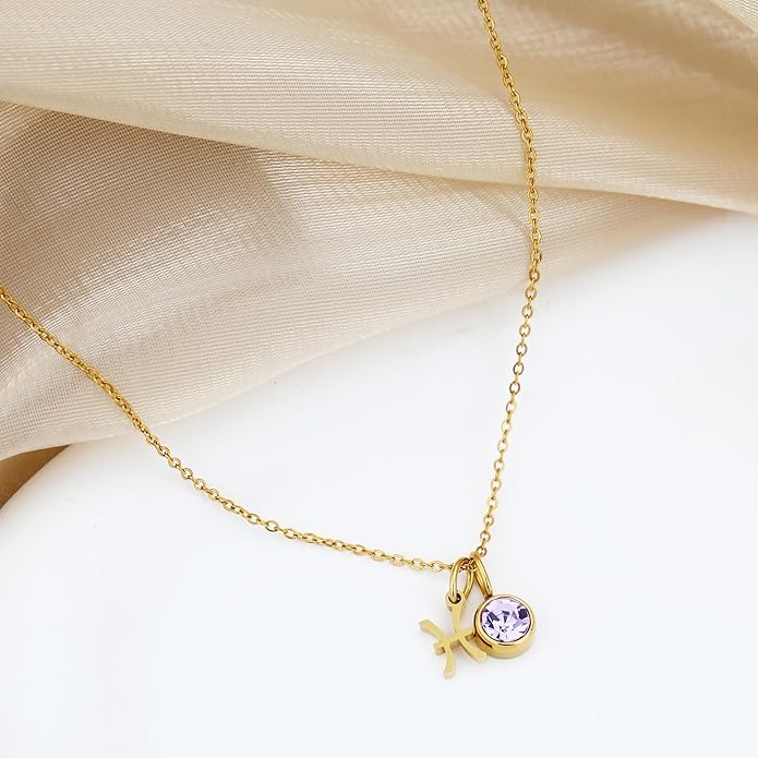 MISS RIGHT Initial Birthstone Necklace for Women - Personalized Gifts Birthday Gifts for Women Stainless Steel 18K Gold Plated Dainty Gold Zodiac Sign 12 Constellation Horoscope Necklace Jewelry
