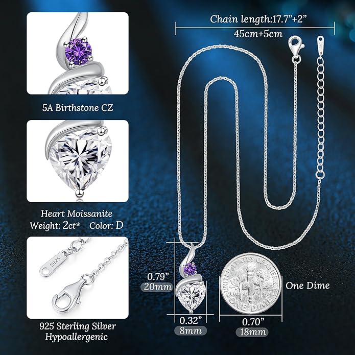 ANDSO Valentine's Day Gift Moissanite Heart Pendant Necklaces for Women, 925 Sterling Silver Necklace with Birthstone, Ideal Anniversary Present or Birthday Jewelry Gifts for Mom Wife Her Girlfriend