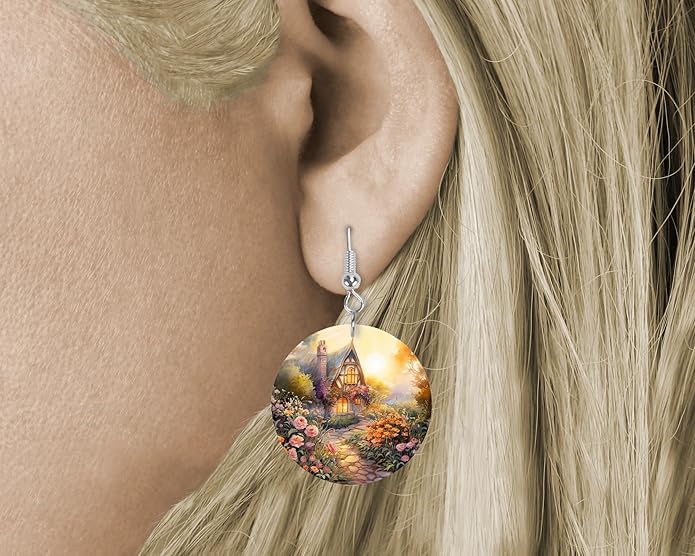 Round Wood Earrings Light Weight Printed Image Dangle Jewelry