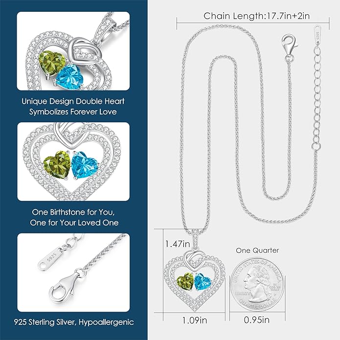 LOUISA SECRET Sparkling Double Heart Birthstone Necklaces for Women, 925 Sterling Silver Fine Jewelry, Pendant Heart Necklaces Birthday Anniversary Christmas Gift for Women Wife Mom Girlfriend Lady