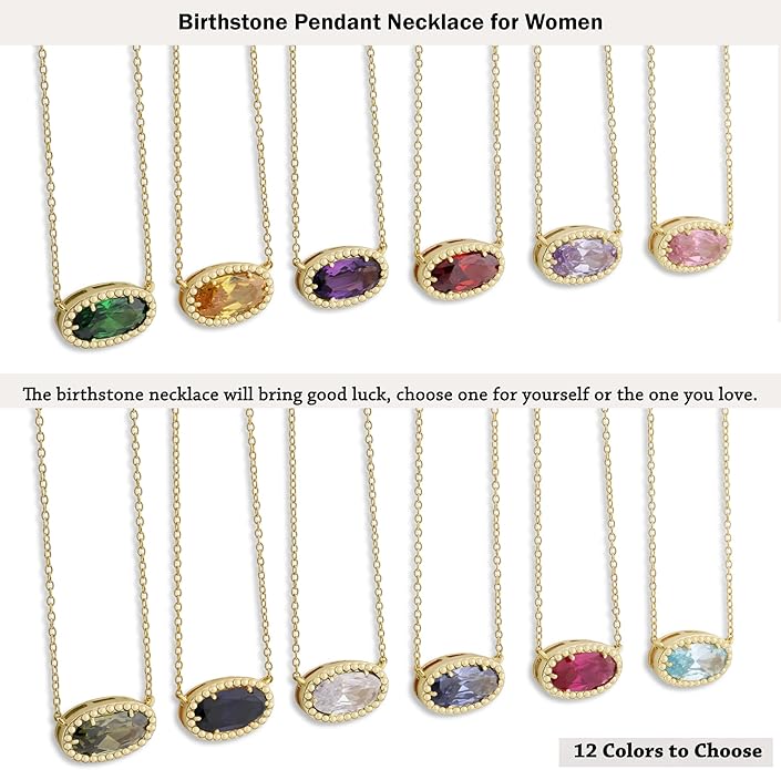 Belacqua Gemstone Necklace in 14K Gold Plated Sterling Silver, Oval Pendant Size 6 * 12mm, 15" Cable Chain with 2" Extender, Spring Ring Clasp, Dainty Birthstone Necklace for Women, Gift Box Included