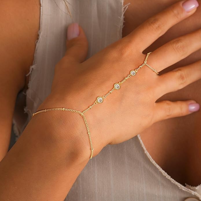 Valentine Gift 14K Gold Plated Hand Chain Bracelet for Women Trendy, 2 Pcs Stackable Gold/Silver Finger Ring Bracelet Hand Chain Dainty Non Tarnish Waterproof Set Jewelry Adjustable 7'+2