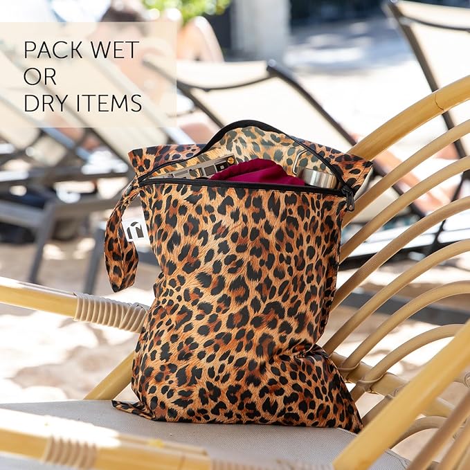 Bumkins Roamio Waterproof Wet Bag & Wet/Dry Clutch Set – Reusable Travel Organizers for Swim, Beach, Gym, Baby Gear, Cloth Diapers, Pump Parts, Pool, Toiletries – Machine Washable, Leopard 2-Pack
