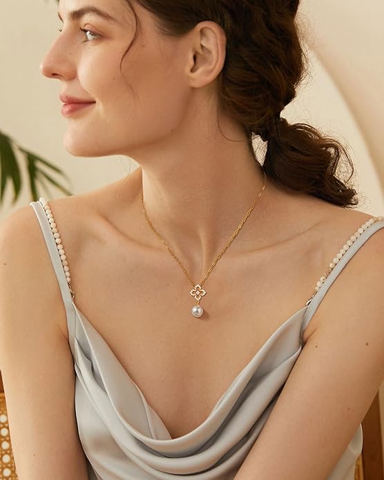 Pearl Necklace for Women with 14K Gold Plated S925 Silver & Butterfly Pendant Necklace, 17.7"+2" Chain Length, Gift for Birthday, Mothers Day, Christmas, Anniversary, Graduation
