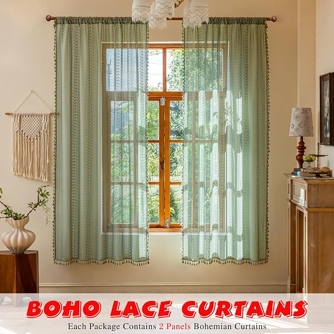 Sutuo Home Sage Green Boho Sheer Window Curtains 72 Inch Long 2 Panels | Lace - Image 3