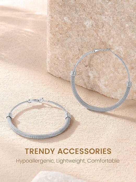 KeyStyle Mesh Hoop Earrings for Women, Stainless Steel Gold Hoops Earring Lightweight Loops, 2MM Thick Hypoallergenic Circle Endless Hollow Hoop 20mm-80mm
