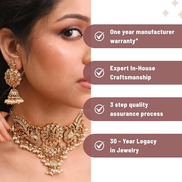 TARINIKA Brass Indian Choker Necklace Set - Gold Plated Cubic Zirconia Indian Jewelry Sets for Women Dangle, Drop, Jhumka Earrings Traditional Desi Necklace Pearls Gift for her