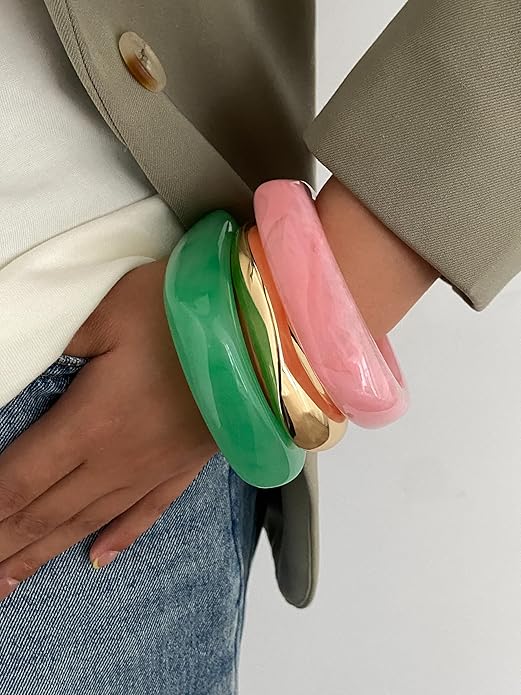 ALEXTINA 3Pcs Acrylic Resin Bangles for Women, Wide Resin Bracelets Chunky Cuff Bracelets Set Stackable Bracelets, Summer Vacation Jewelry Gift for Women