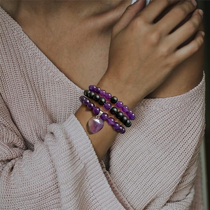 Healing Crystal Beaded Bracelets for Women,Natural Amethyst Gemstones Bracelet,Anxiety Stress Relief Heart Charm Bracelet Handmade purple Jewelry Gifts for Women