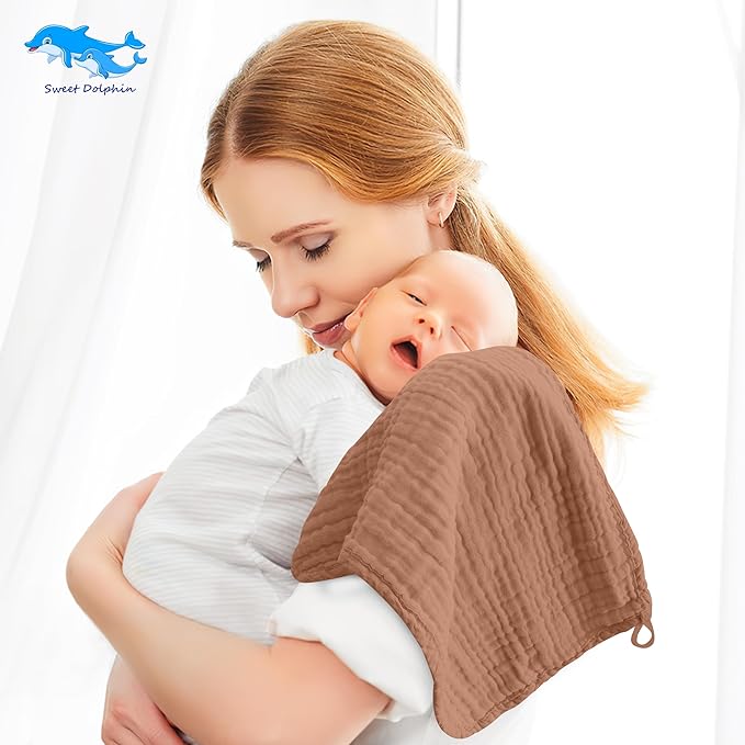 SWEET DOLPHIN 12 Pack Muslin Burp Cloths Large 100% Cotton Burping Clothes for Baby Drool - Absorbent and Soft Boys & Girls Milk Spit Up Rags for Newborn Essentials Registry - Muted Terracotta