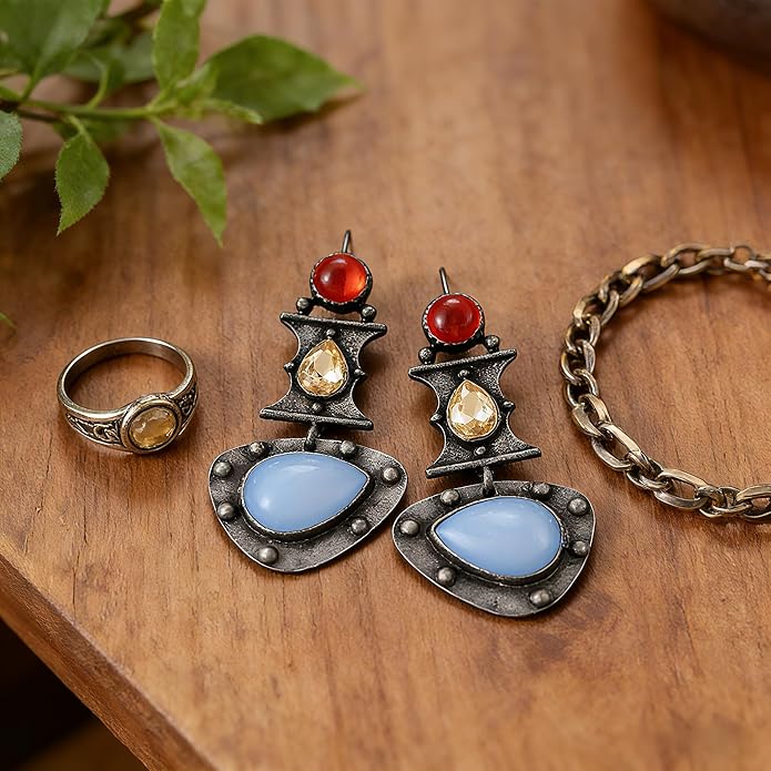 Multi-Color Gemstone Drop Earrings, Dangle Style, Hook Design