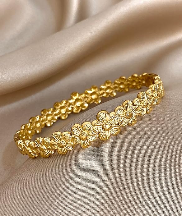 hotoo Flower Bangle Bracelets for Women Cute Stackable Stainless Steel Cuff Bracelet Mother Daughter Sister