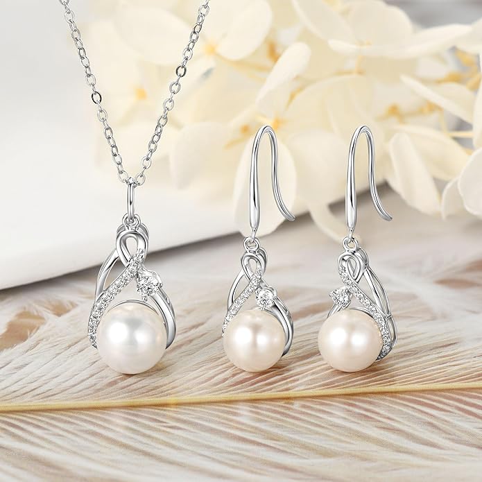 Sterling Silver Pearl Jewelry Set with Shiny Moissanite, Real Freshwater Pearl Earrings Necklace for Women, Wedding Jewelry for Brides Bridesmaid, Mother's Day