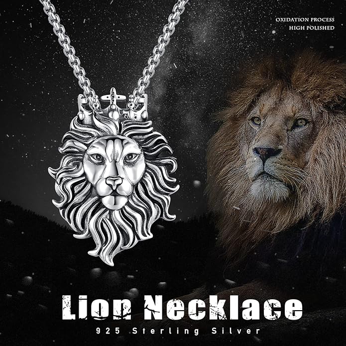 Cuoka Lion Necklace for Men Women S925 Sterling Silver King Retro Punk Gothic Hip Hop Rock Animal Lion Head Pendant Charm Jewelry Chain Necklace Viking Protection Amulet Necklaces