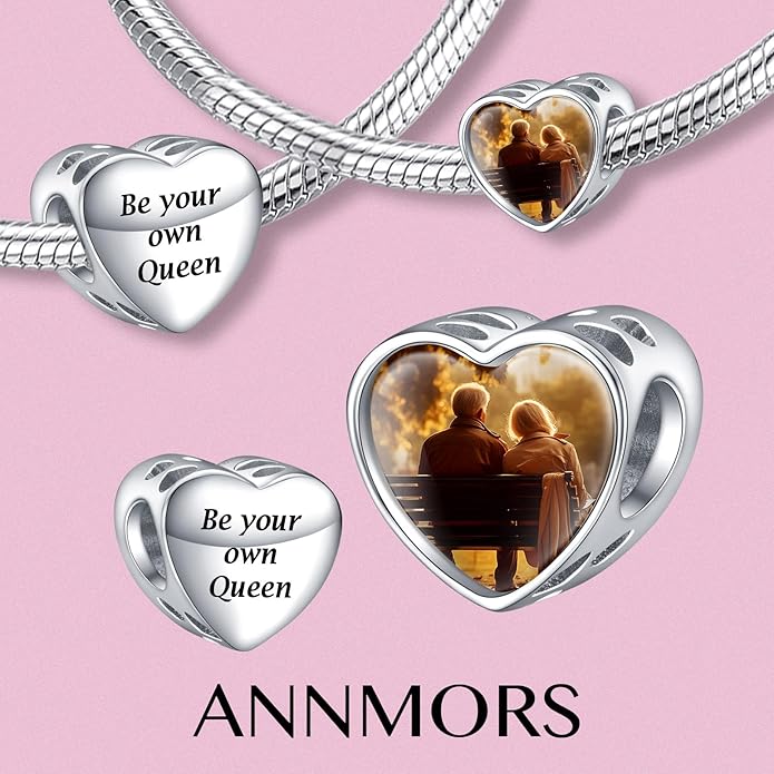 Annmors Personalized Photo Charms For Bracelets/Necklace 925 Sterling Silver Love Heart Shaped Engraved Customize Picture Gift for Birthday Mother's Day,Bead Charms Jewelry for Women