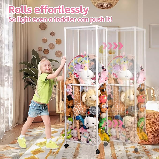 Stuffed Animal Storage Zoo with Wheels, Large Plush Toy Organizer for Kids - Extra Wide PVC Stuffed Animal Holder with Elastic Cords & Mesh Net, Nursery Playroom Toy Cage for Boys Girls Toddlers