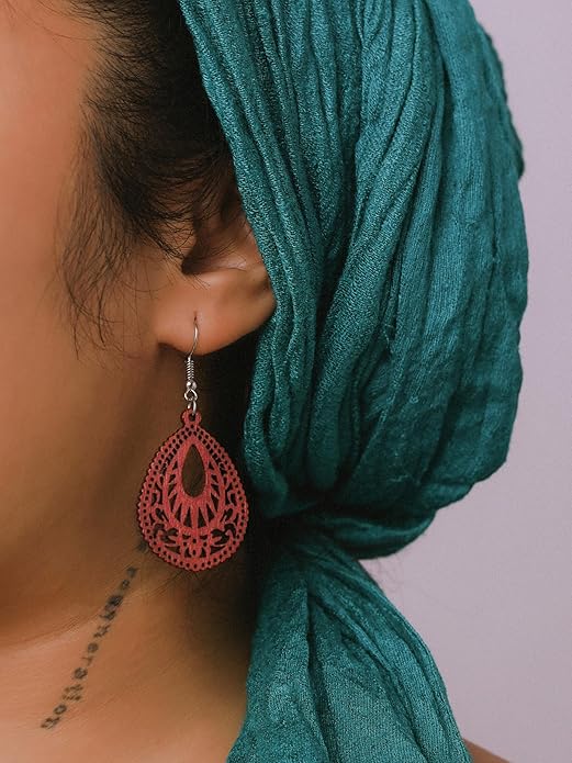 MINACHI Bohemian Hollow Cut-Out Wood Leather Dangle Drop Earrings, Boho Chic Hippie Statement Jewelry Gift for Women