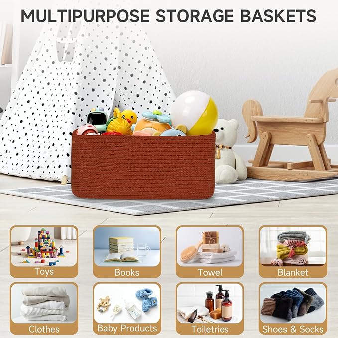 3 Pack Storage Baskets for Organizing, 13.7×9.5×6.3", Brick Red | Woven Baskets - Image 6