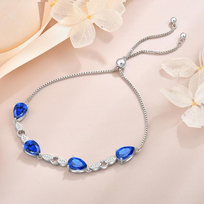 Teardrop Birthstone Bracelet for Women, S925 Sterling Silver Pear Cut Cubic Zirconia Bracelet Dainty Adjustable Chain Jewelry Gift for Her