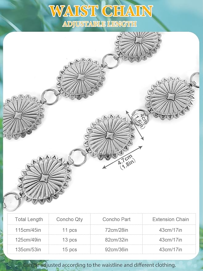 FIORETTO Metal Waist Chain Link Belt for Women Western Cowgirl Boho Turquoise Belts for Dress Jeans Country Concert Outfit