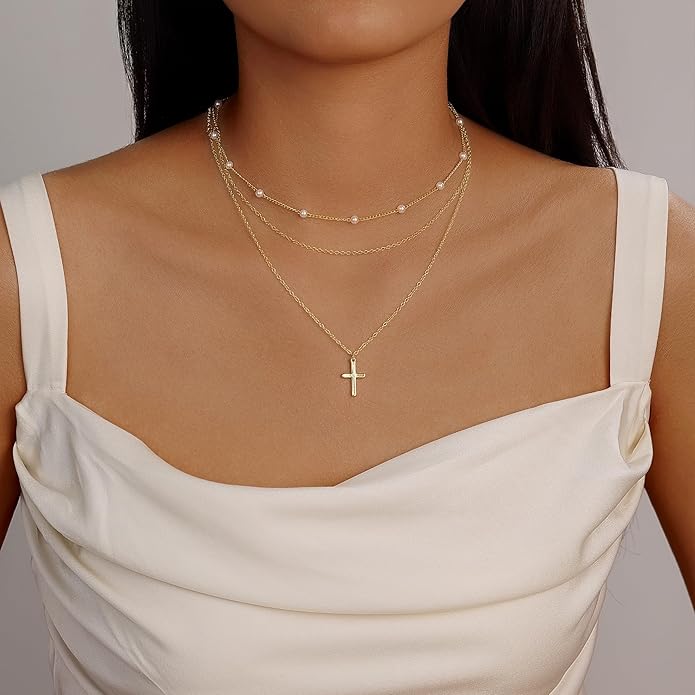 Evabelle Gold Layered Necklace for Women Trendy Jewelry 14K Real Gold Plated Chunky Chain Stackable Necklaces Dainty Choker Necklaces Rectangle Square Pendant