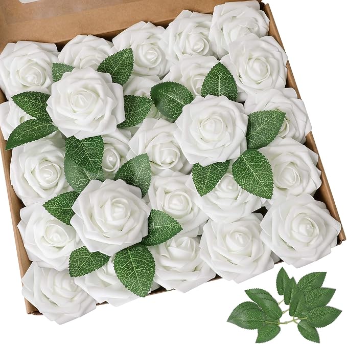 AmyHomie White Rose 50pcs Real Looking Artificial Flowers w/Stem | Bouquet by AmyHomie