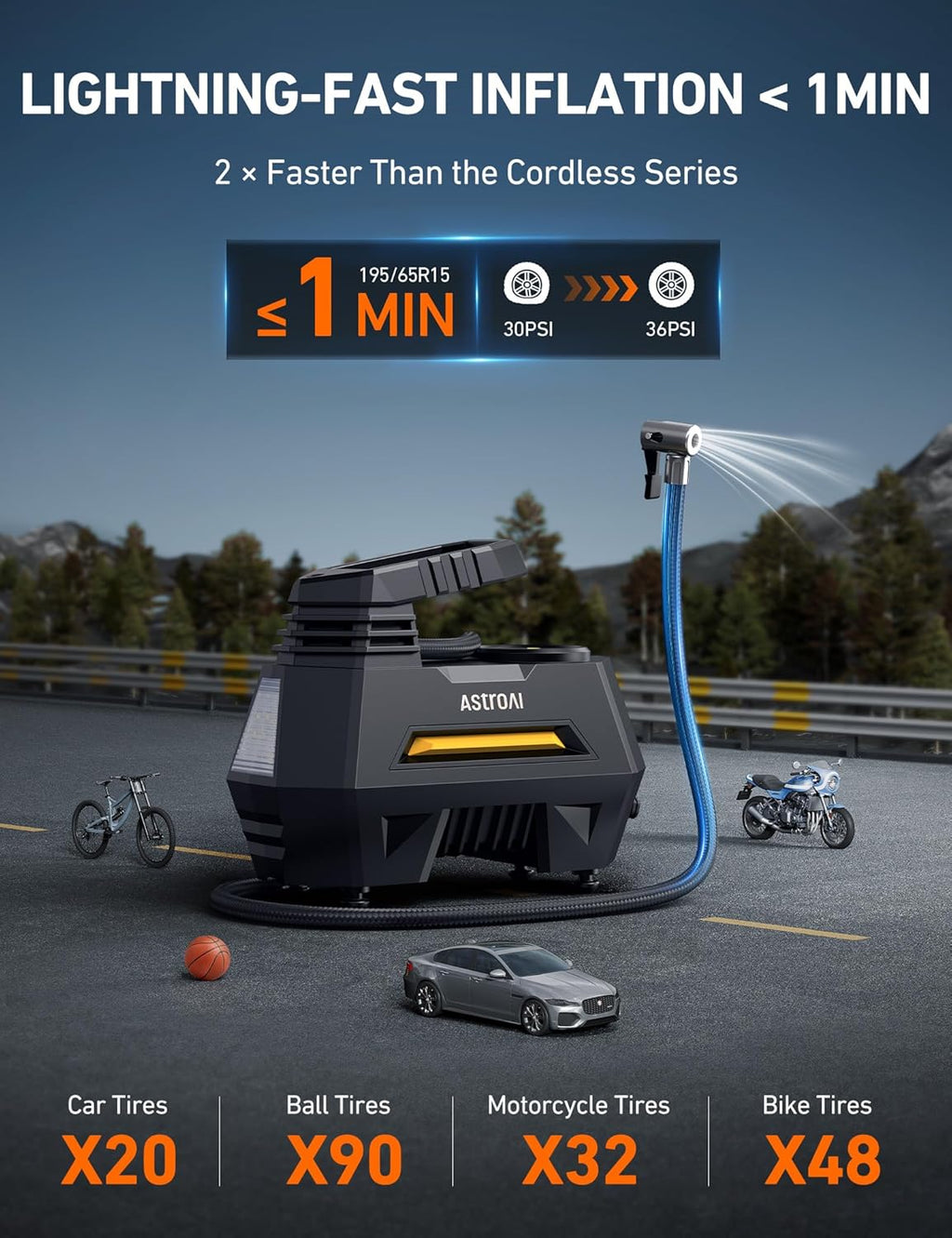 AstroAI Tire Inflator Portable Air Compressor Tire Air Pump for Car Tires - Car Accessories, 9.8Ft Cord 12V DC-Powered Auto Pump with Digital Pressure Gauge, LED Light for Bicycle, Balloons, Yellow