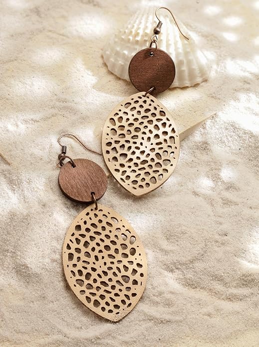 MINACHI Bohemian Hollow Cut-Out Wood Leather Dangle Drop Earrings, Boho Chic Hippie Statement Jewelry Gift for Women