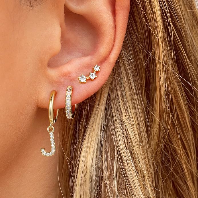 Valentines Day Gifts for Kids Girls - 3 Pairs Gold Earrings for Women Huggie Hoop Earrings for Girls with Initial Dangle Cartilage Earring Studs Hypoallergenic Earring Set for Multiple Piercing