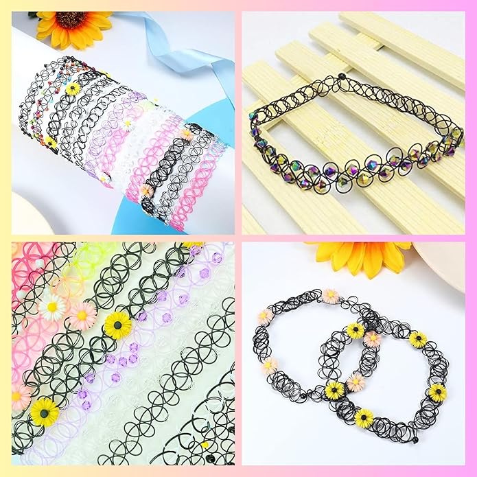 BodyJ4You 12PC Tattoo Choker Necklace for Women - 90s Choker Necklaces Y2K Fashion Trendy Vintage - Emo Black Choker Rainbow Pink White Purple Neon Green Blue Daisy Flower