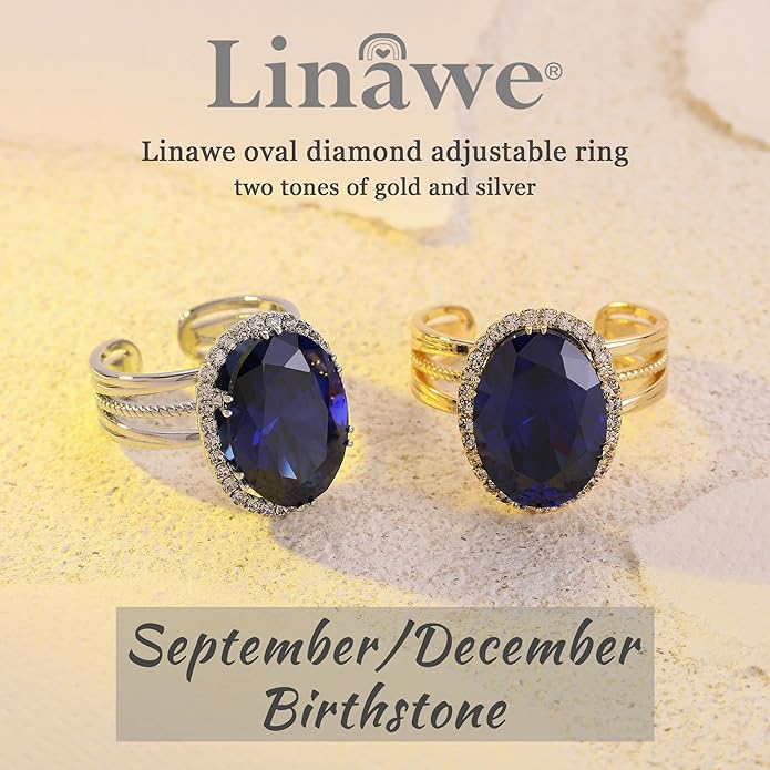 Linawe Birthstone Chunky Adjustable Rings for Women, Gold/Silver/Rose Gold Statement Rings, Imitation Diamond Fake Gemstone Crystal Cocktail Ring, Cubic Zirconia Costume Jewelry