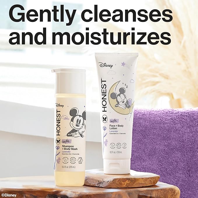 The Honest Company 2-in-1 Cleansing Shampoo and Body Wash and Face and Body Lotion Bundle and Disney Design Gentle Enough for Baby Dermatologist Tested Calm Lavender 18.5 fl oz