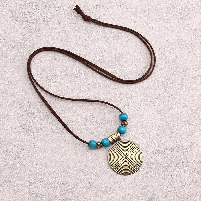 GelConnie Boho Necklaces for Women Vintage Silver Circles Long Pendant Necklace Cowgirl Sweater Necklace Adjustable Leather Choker Necklace for Women
