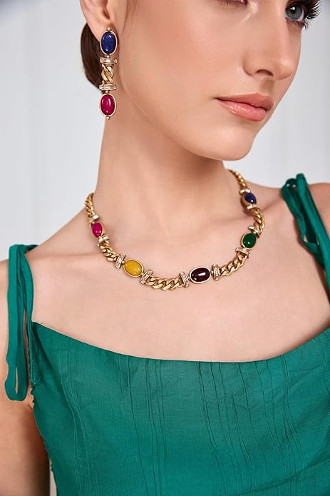 Multicolor natural stone necklace for women – vintage gold-plated copper alloy statement jewelry with rhinestone accents