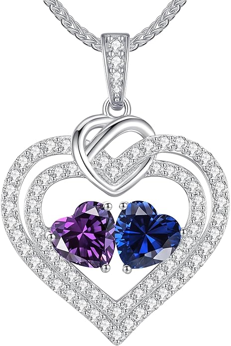 LOUISA SECRET Sparkling Double Heart Birthstone Necklaces for Women, 925 Sterling Silver Fine Jewelry, Pendant Heart Necklaces Birthday Anniversary Christmas Gift for Women Wife Mom Girlfriend Lady