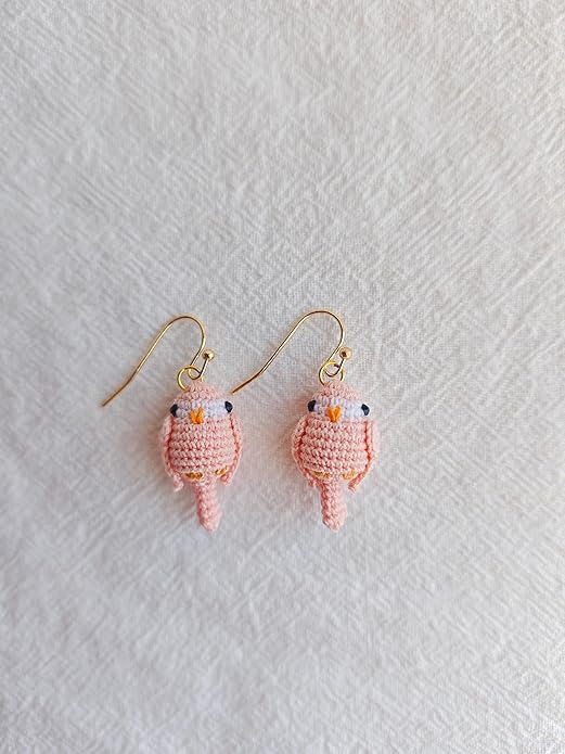 Hand-crocheted yellow and blue parrot earrings, miniature crocheted artistic cute playful parrot gifts accessories