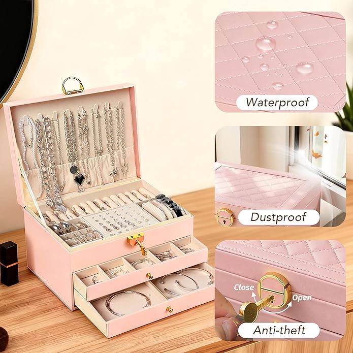 SMUOBT Jewelry Box with Jewelry Set for Women Men - Large Multi-Layer Jewelry Organizer Storage Case with Drawers, Necklace Bracelet Hoop/Stud Earrings Rings Gift Set for Her Him, Unique Birthday Party Gift (Gold/Black Silver)