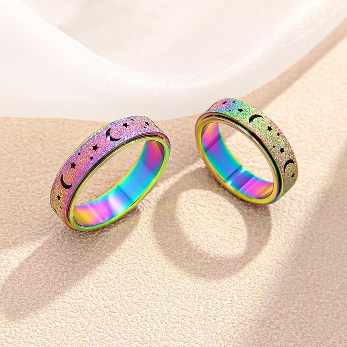 AmorArtSky Anxiety Ring for Women Men, Titanium Stainless Steel Spinner Ring, 5 Colors, 6MM, Size 6-10, 3 Styles Anxiety Ring-Moon Star, Sandblasted Finished, Hollow Outer