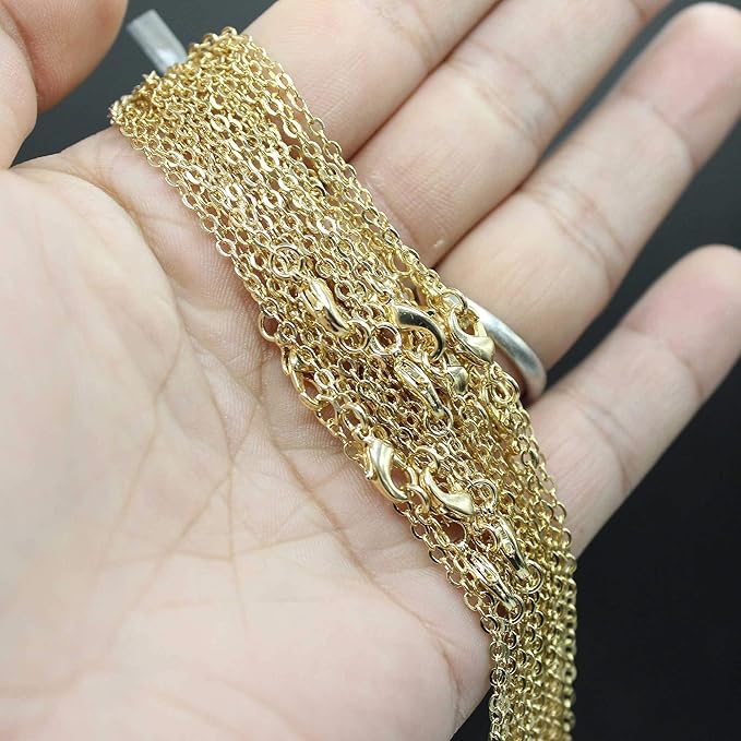 ALEXCRAFT Wholesale 12 PCS Gold Plated Brass Cable Chains Necklace Bulk Finished Chains for Jewelry Making (18 Inch(2MM))