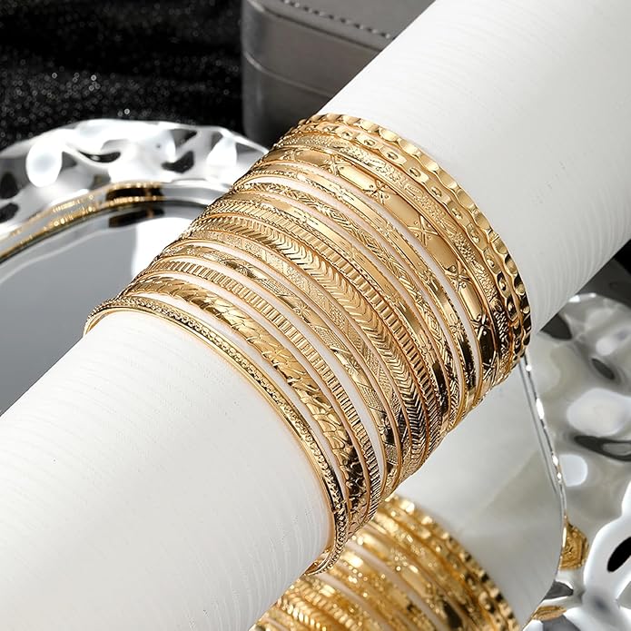 17IF Gold Bangle Bracelet For Women, 14k Multilayer Charm Textured Stackable Bracelets Boho Indian Chunky Cuff Fashion Jewelry Gift