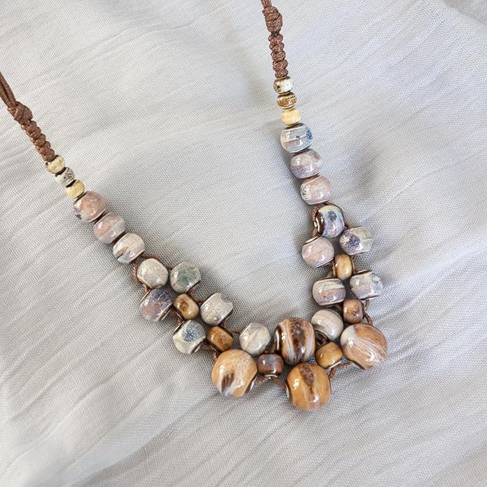 Boho Round Colorful Ceramic Beaded Necklace, Adjustable Hippie Statement Necklace, Handmade Ethnic Jewelry Gift for Women