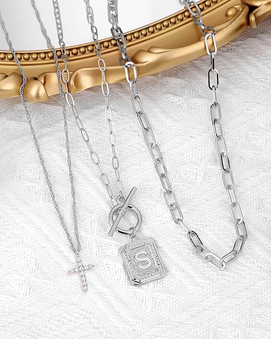 MJartoria Layered Initial Necklaces for Women Trendy, 14K Gold Plated Brass Simple Dainty Cross Choker Square Letter Pendant Necklace, Paperclip Chain Necklaces Jewelry