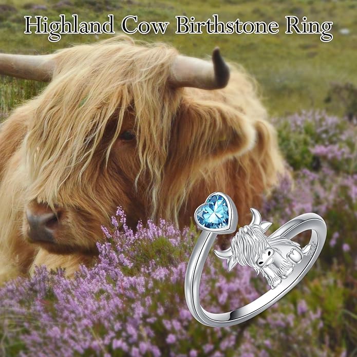 Highland Cow Ring 925 Sterling Silver Adjustable Ring Birthstone Ring Engraved Name Highland Cow Gifts Jewelry for Women