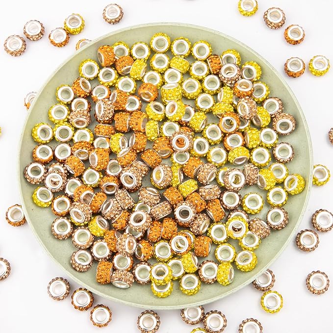 200 Pieces European Large Hole Spacer Beads, Zyehxed Yellow European Craft Beads Rhinestone Lampwork Beads Fairy Garden Beads for DIY Charms Bracelet Necklace Earring Jewelry Making Supplies