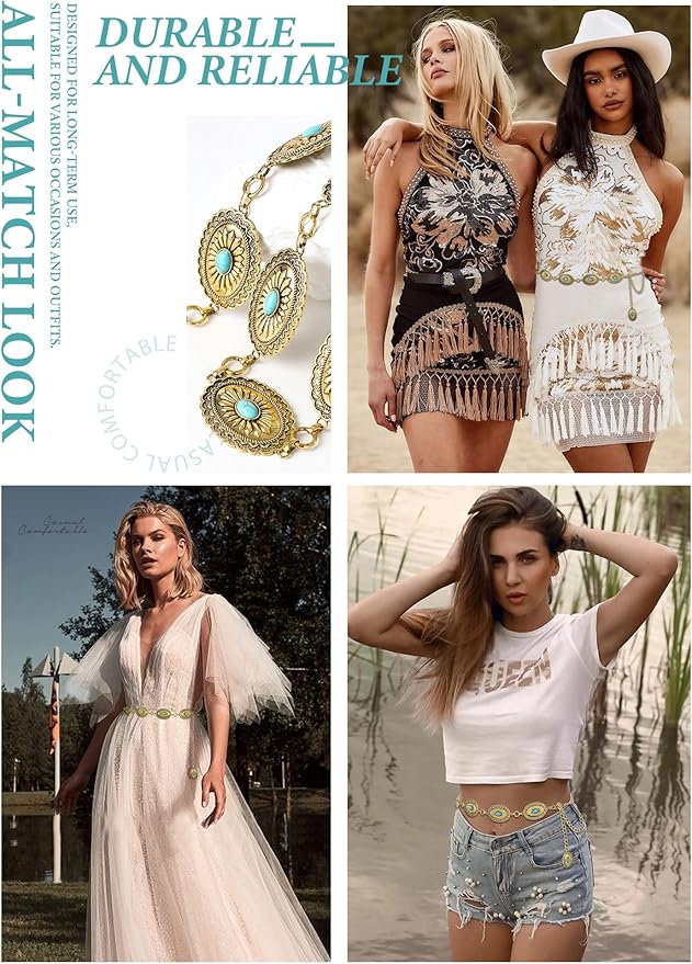 FIORETTO Metal Waist Chain Link Belt for Women Western Cowgirl Boho Turquoise Belts for Dress Jeans Country Concert Outfit