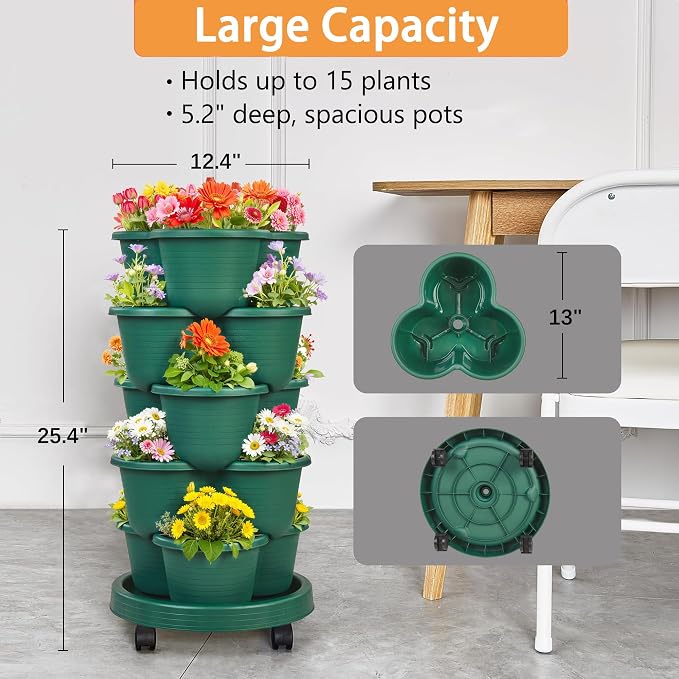 VECELO 5 Tier Vertical Garden Planter, Self Watering Stackable Planters - Image 5