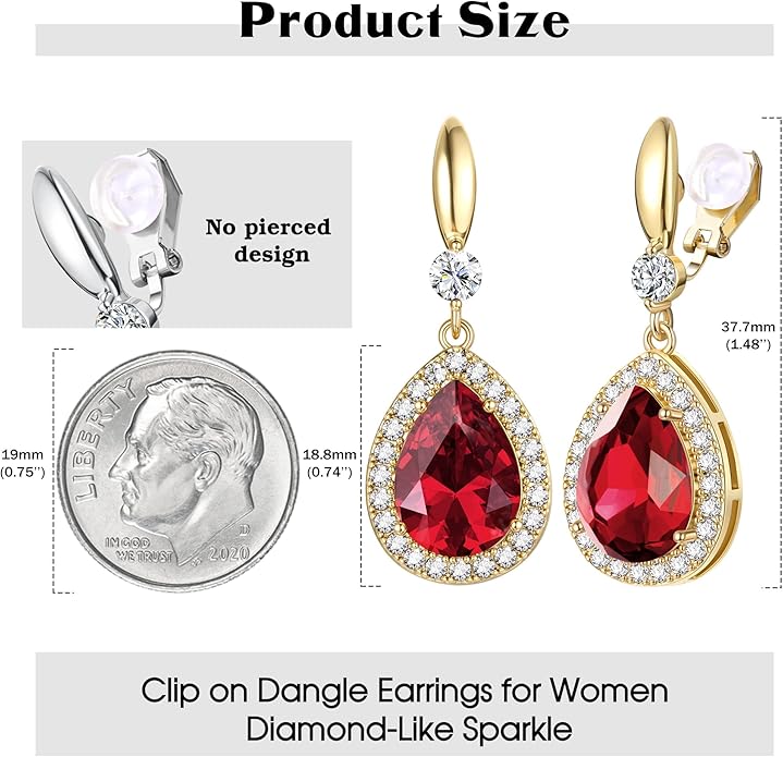 THUNARAZ Elegant Clip on Earrings for Women Sparkling Teardrop Dangle Clip Earrings Non-Pierced Rhinestone Cubic Zirconia Wedding Prom Jewelry 14K Gold and Silver Tone