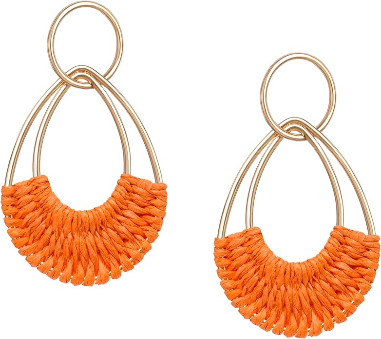 Raffia Hoop Earrings for Women Fun Boho Summer Beach Earrings Lightweight Handmade Straw Wicker Rattan Dangle Earrings Statement Geometric Round Drop Earrings