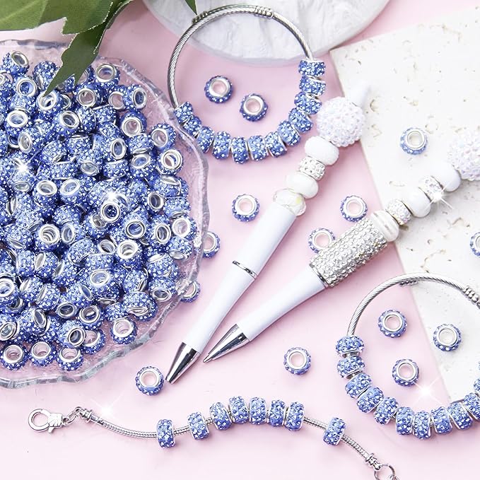 60Pcs Rhinestone Large Hole Beads Spacer Beads Light Blue European Craft Big Beads Large Hole Rhinestones Lampwork Murano Bead Fairy Wand Garden Beads for DIY Bracelet Necklace Jewelry Making Supplies